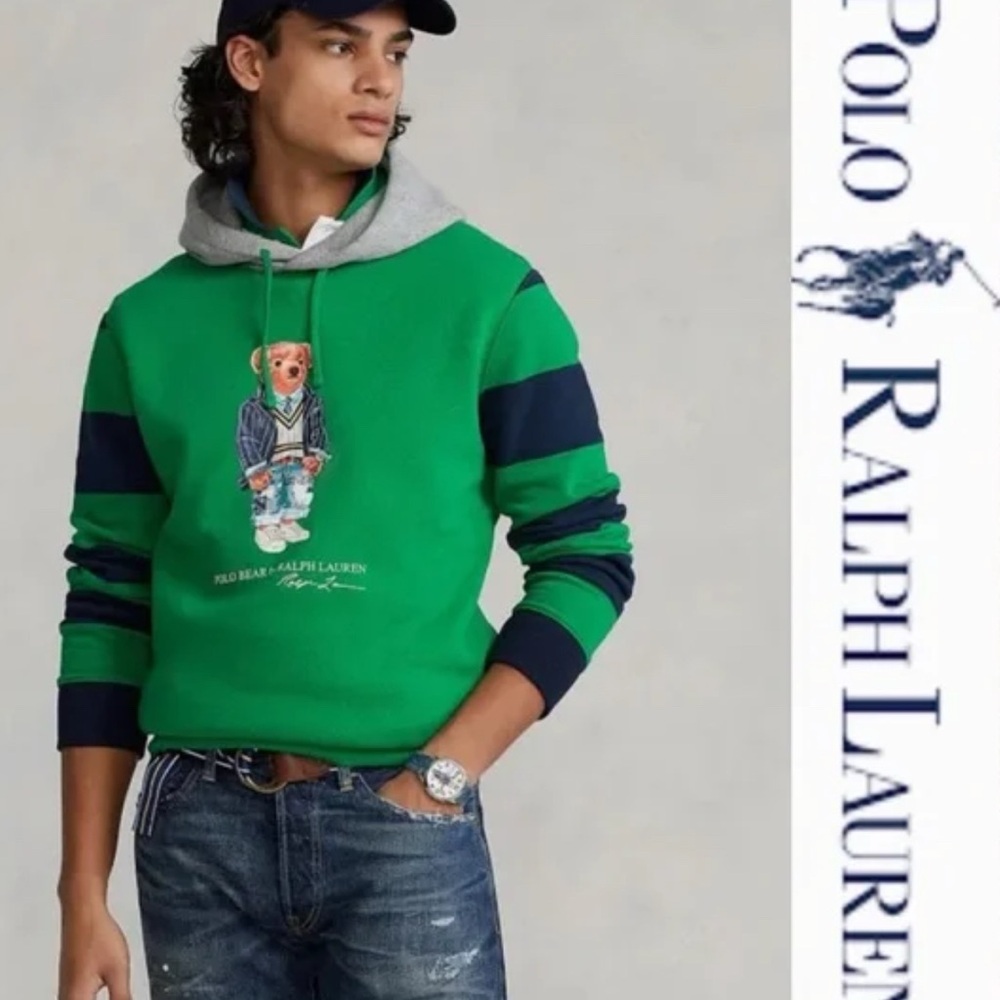 Polo Ralph Lauren Polo Bear Striped Bear Graphic Fleece Hoodie Sz L 14-16